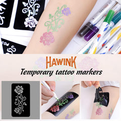 HAWINK Temporary Tattoo Markers for Skin 10 Body Markers & 56 Large Tattoo Stencils